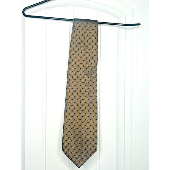 Jos. A. Bank Made In Italy Dark Gold With Blue Squares Designer Silk Tie - Picture 1 of 2